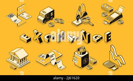 Stock and money exchange line art, isometric vector banner. Digital payments and mobile banking technologies, online shopping, financial institution, Stock Vector
