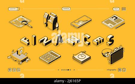 Finances analysis, company accounting and consulting isometric vector web banner. Business infographics elements set line art illustration. Auditing, Stock Vector
