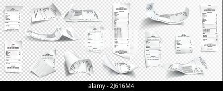 Vector realistic receipt collection, white paper with payment isolated on transparent background. Creased financial printout for shop, store. Retail b Stock Vector