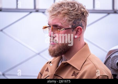 April 26, 2022, New York, NY, New York, NY, United States: NEW YORK, NY - APRIL 26: Jake Paul watches on as Katie Taylor and Amanda Serrano face off ahead of their Undisputed Title Fight on Saturday night (April 30) at Madison Square Garden on April 26, 2022 in New York, NY, United States. (Credit Image: © Matt Davies/PX Imagens via ZUMA Press Wire) Stock Photo