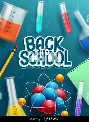 Back to school vector poster design. Back to school text in paper cut decoration with educational science laboratory items for education study. Stock Vector