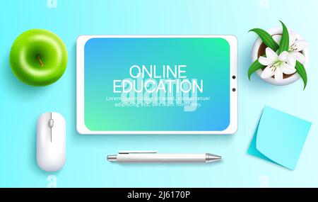 Virtual learning vector concept design. Online education text in tablet phone device with mouse, ball pen and  sticky notes element for  home school. Stock Vector