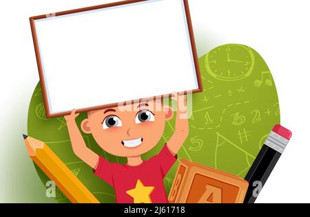 Boy student character vector design. Male kid student presenting, holding and showing whiteboard element with pencil and learning block objects. Stock Vector