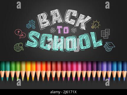 Back to school vector design. Back to school typography text with color pencil art elements in chalkboard background for kids educational creative lea Stock Vector