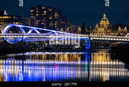 Johnson Street Bridge and British Columbia Parliament Buildings at night - Victoria, Vancouver Island, British Columbia, Canada Stock Photo