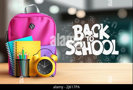 Back to school vector design. Back to school typography text with bag, notebook and color pencil elements in desk and realistic background. Stock Vector