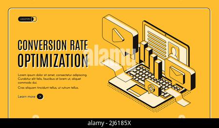 Conversion rate optimization isometric vector web banner with digital content on laptop screen illustration. Internet marketing technology, e-commerce Stock Vector