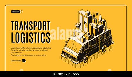 Transport logistics isometric vector web banner with wan transporting home furniture on roof line art illustration. House moving and relocation servic Stock Vector