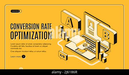 Conversion rate optimization online service isometric vector web banner with A/B split testing results on laptop screen illustration. Internet marketi Stock Vector