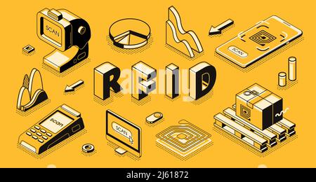 Radio frequency identification technology isometric vector concept with RFID reader or scanner, electromagnetic track tag on cardboard box, mobile app Stock Vector
