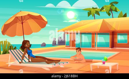 Leisure on tropical resort cartoon vector. Caucasian man swimming in pool, flirting with african-american woman lying on lounge chair under umbrella o Stock Vector