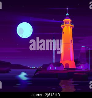 Lighthouse working, glowing at night on seashore cartoon vector. Village cottage houses on coast, radio or fire tower, starry sky and fool moon reflec Stock Vector