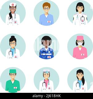 Medical concept. Set of colorful medical staff people in flat style icons: doctors and nurses. Vector illustration. Stock Vector