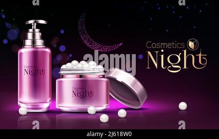 Womens skincare night cosmetics line products realistic vector ad banner, poster. Skin lotion, soap or perfume in pink glass tube with dispenser, jar Stock Vector