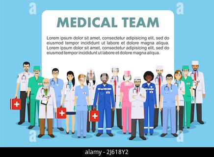 Detailed illustration of medical people in flat style on blue background. Stock Vector