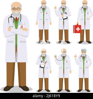 Detailed illustration of old american european medical people standing in different positions in flat style on white background. Stock Vector