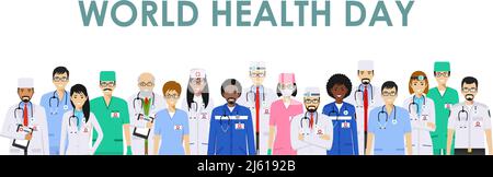 World Health Day concept. Detailed illustration of medical people in flat style isolated on white background. Practitioner doctor and nurses standing Stock Vector