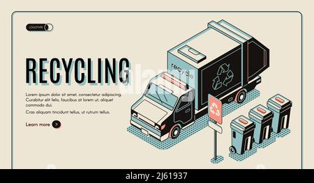 Garbage recycling banner with litter collector or refuse truck standing near rubbish bins, waste sorting, recycling and transportation web site, landi Stock Vector