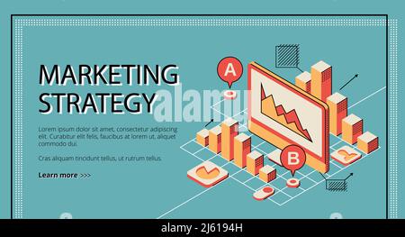 Marketing strategy landing page on retro colored background. Tablet screen with database diagram graph and column chart. Busines analytics data, audit Stock Vector