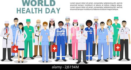 World Health Day concept. Detailed illustration of medical people in flat style isolated on white background. Practitioner doctor and nurses standing Stock Vector