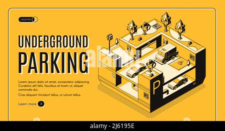 Underground parking service isometric vector web banner. Different types of cars left in city public garage, shared parking facility line art illustra Stock Vector