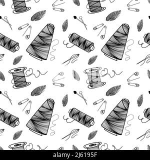 Seamless pattern of thread, needles and pins, hand-drawn doodle elements in sketch style. Sewing thread, needle, pins. Sewing. Embroidery. Thread. Han Stock Vector
