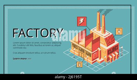 Factory on retro colored background. Heavy industry, energy generation plant building with chimneys Manufacturing production enterprise. Isometric vec Stock Vector