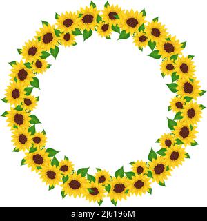 Yellow sunflower wreath with green leaves. Round frame, cute bright flowers with dark hearts. Festive decorations for wedding, holiday, postcard, poster and design. Vector flat illustration Stock Vector
