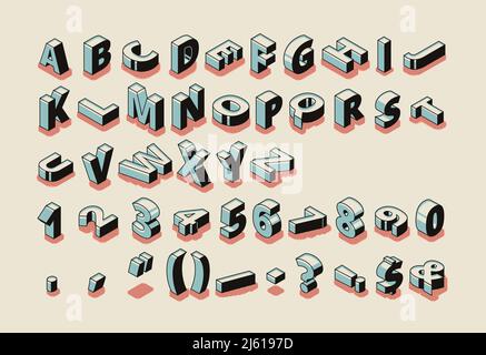English alphabet isometric vector set with latin ABC letters, special symbols, punctuation marks and arabic figures standing on edge, ling on backgrou Stock Vector