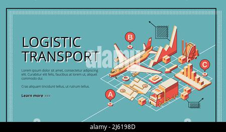 Business logistic transport isometric vector web banner, landing page. Cargo plane, truck transporting goods, forklift loading box, map with destinati Stock Vector