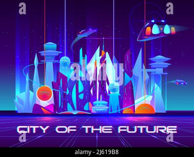 City of future at night with vibrant neon lights and shining spheres. Urban landscape with flying spaceships, Futuristic metropolis with glowing build Stock Vector