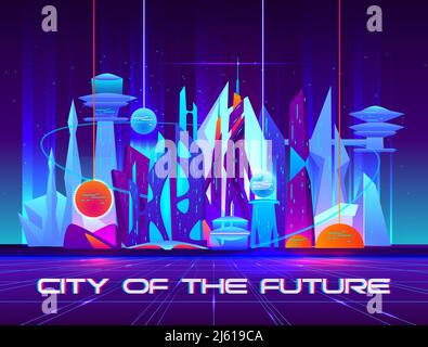 City of future at night with vibrant neon lights and shining spheres. Urban landscape, Futuristic metropolis with glowing buildings and skyscrapers. C Stock Vector