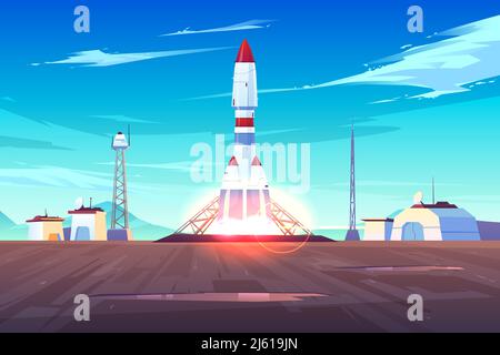 Spaceship start, heavy rocket carrier taking-off, launching satellite or international station on Earth orbit cartoon vector illustration. Space explo Stock Vector