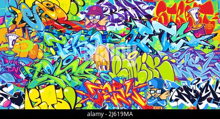 Flat Seamless Colorful Modern Abstract Urban Style Hiphop Graffiti Street Art Pattern. Vector Illustration Background Template Stock Vector