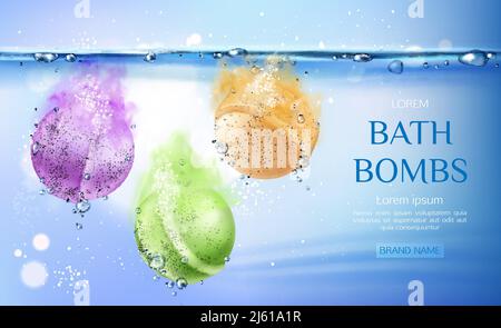 Bath bombs in water, spa cosmetics beauty product for body care, colorful soap balls fizzing in aqua with air bubbles. Cosmetic advertising poster tem Stock Vector