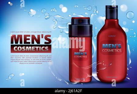 Men cosmetics, shower gel, deodorant antiperspirant 3d realistic vector ads poster. Body care cosmetic product in red bottle on blue background with w Stock Vector