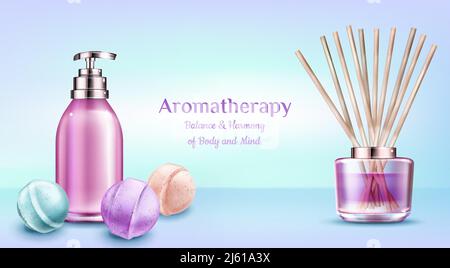 Aromatherapy spa treatment cosmetics. Soap bottle with pump, bath bombs, aroma therapy reed sticks in glass jar with pink liquid, air freshener. Beaut Stock Vector