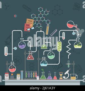 Science lab concept with flat flasks and physics symbols vector illustration Stock Vector