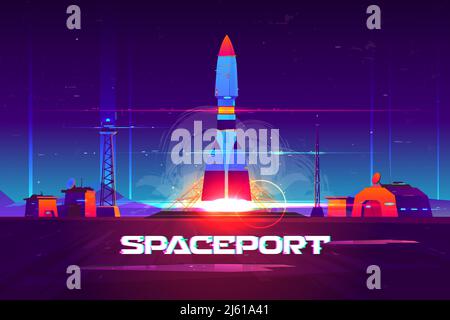 Future extraterrestrial spaceport cartoon vector banner. Heavy rocker carrier taking off from launching pad, rocketship start in night sky illustratio Stock Vector