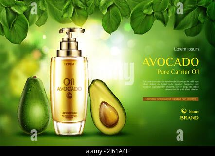 Cosmetics oil avocado. Organic product bottle with pomp mockup on green blurred background with tree leaves. Natural eco skin care cosmetic, advertisi Stock Vector