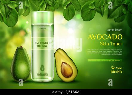 Avocado cosmetics skin toner . Organic beauty product bottle mockup on green blurred background with tree leaves. Natural eco skincare cosmetic, adver Stock Vector