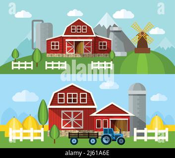 Farm buildings and hangars flat horizontal banner set isolated vector illustration Stock Vector