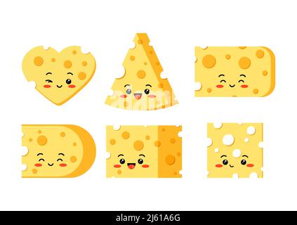 Cute cheese with hole various shapes slices vector character set. Stock Vector