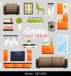 Create your room set with living room furniture objects isolated vector illustration Stock Vector