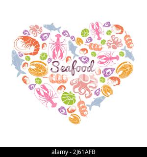 Love seafood concept with fish and sea animals in heart shape vector illustration Stock Vector