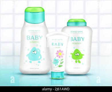 Baby cosmetics bottles with kids design, plastic packages mock up of cream, shampoo, soap, foam, moisturizer with cartoon character on white bathroom Stock Vector
