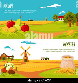 Flat design horizontal banners set with beautiful farm landscapes veggies and fruit harvest isolated vector illustration Stock Vector