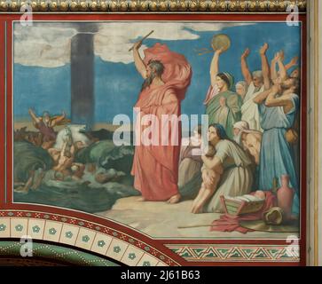 Moses commanding the waters to close upon the Egyptian Host. Mural painting by French painter Jean-Hippolyte Flandrin (1856-1863) in the Church of Saint-Germain-des-Prés in Paris, France. Stock Photo