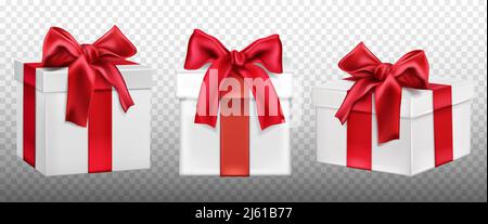 Gift or present boxes with red bow set. Festive packages mockup wrapped with silk ribbon isolated on transparent background. White cardboard, paper pa Stock Vector