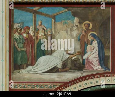 Adoration of the Magi. Mural painting by French painter Jean-Hippolyte Flandrin (1856-1863) in the Church of Saint-Germain-des-Prés in Paris, France. Stock Photo